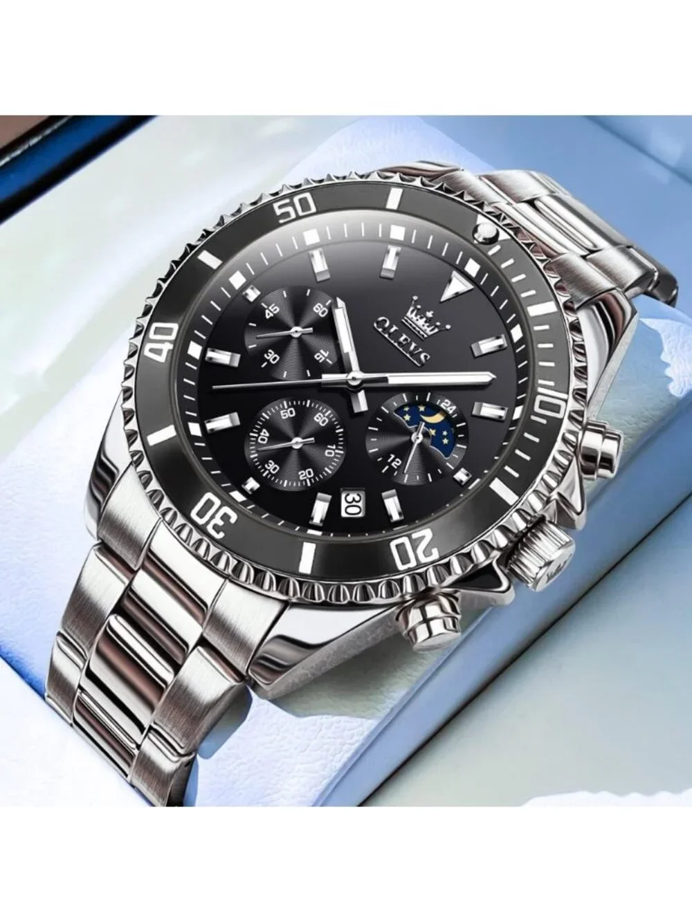 Men's Black Silver Premium Stainless Analog Rotatable Bezel Date Steel Watch